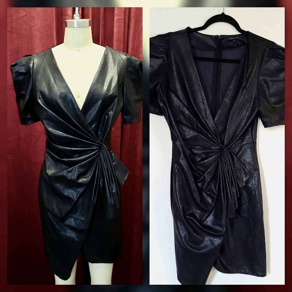 CQbyCQ 80's style Power Vegan Leather Plunge Puff Sleeve Wrap Dress
